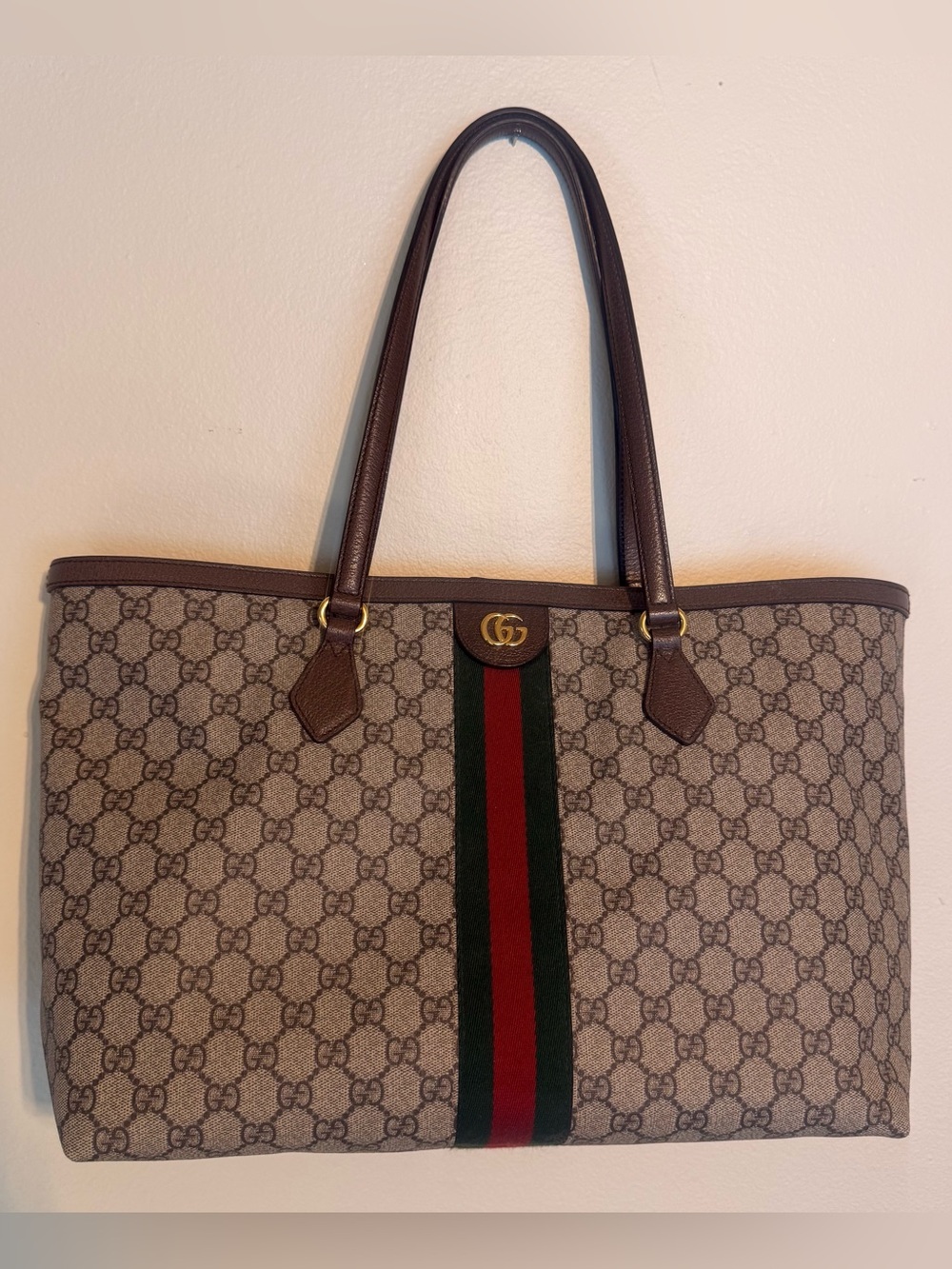Gucci Brown GG Supreme Tote with Green and Red Web Stripe